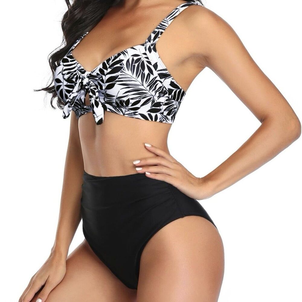 NWT Tempt Me 2-Piece Black and White Leaf Print Bikini Swimsuit Women’s Size XL